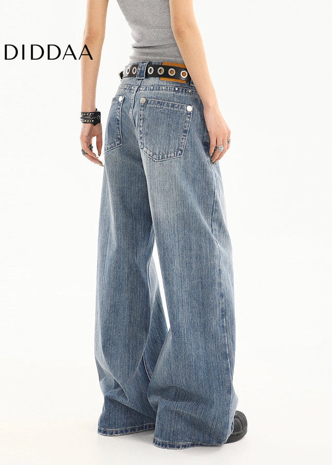 Blue Distressed Loose Straight Wide-Leg Jeans Tide - Women’s Jeans