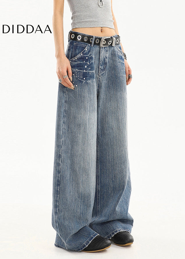 Blue Distressed Loose Straight Wide-Leg Jeans Tide - Women’s Jeans