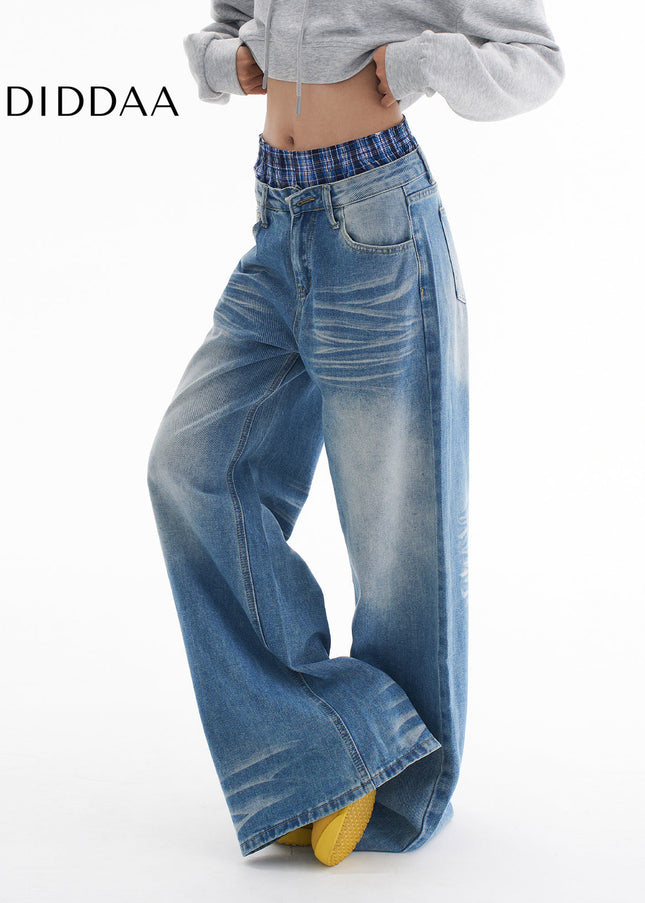 Blue Distressed Loose Straight Wide-Leg Jeans - Women’s Jeans