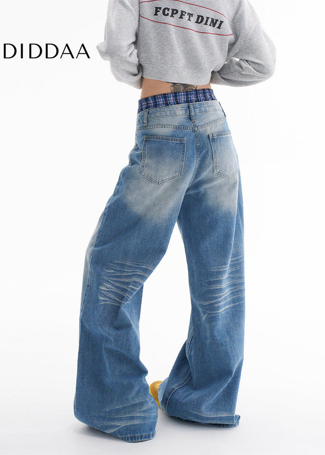 Blue Distressed Loose Straight Wide-Leg Jeans - Women’s Jeans