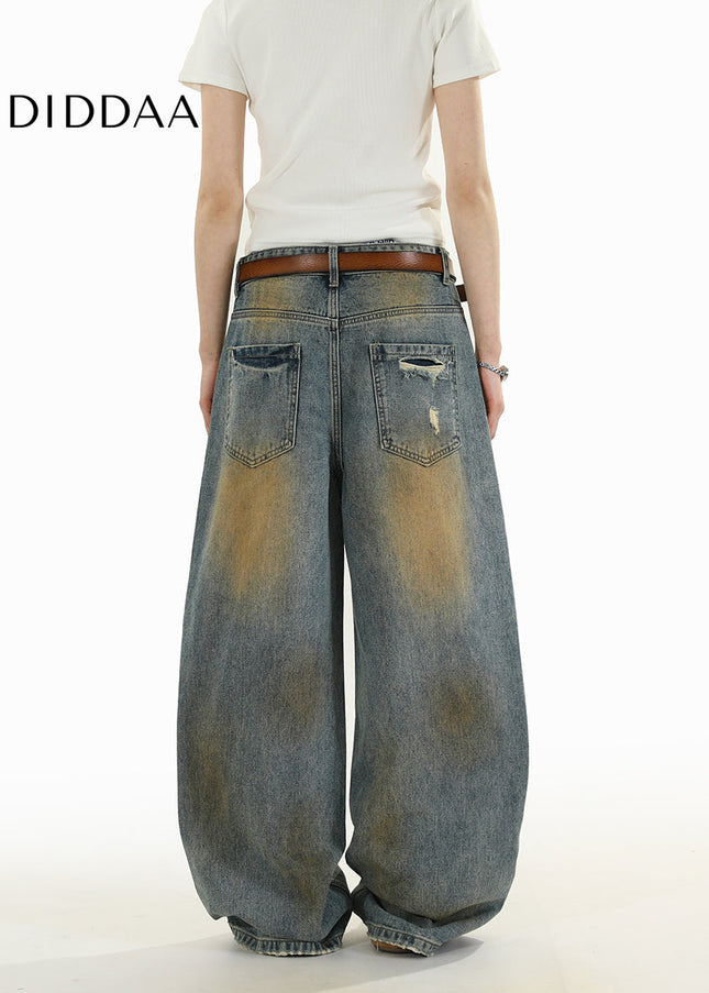 Blue Distressed Loose Wide-Leg Jeans for Men and Women - Men’s Jeans