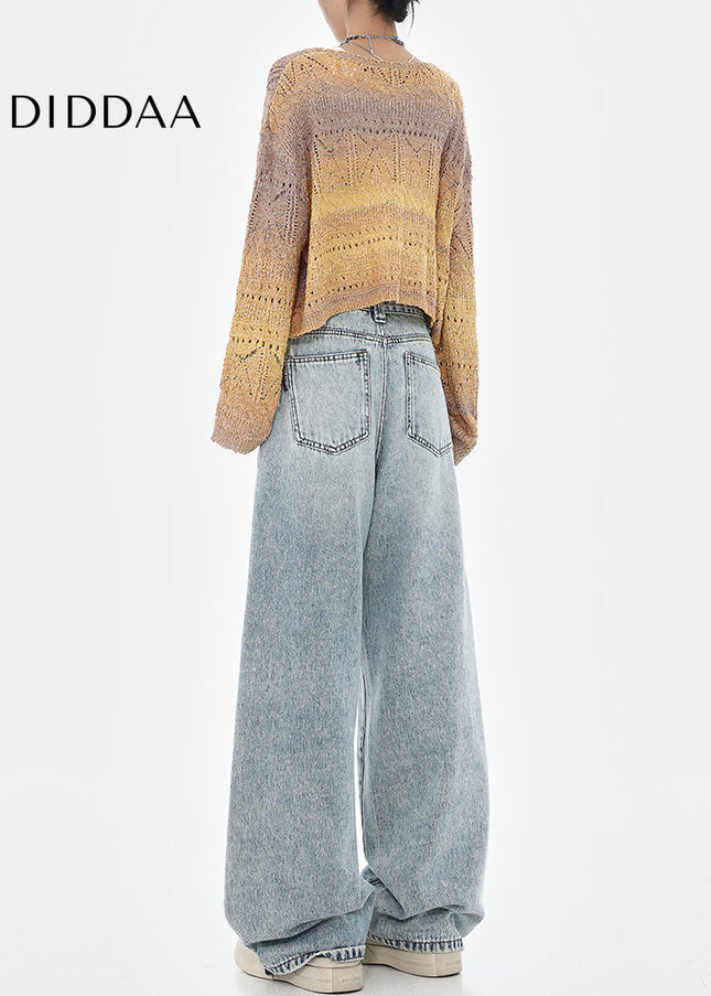 Blue Distressed Loose Wide-Leg Straight Leg Jeans - Women’s Jeans