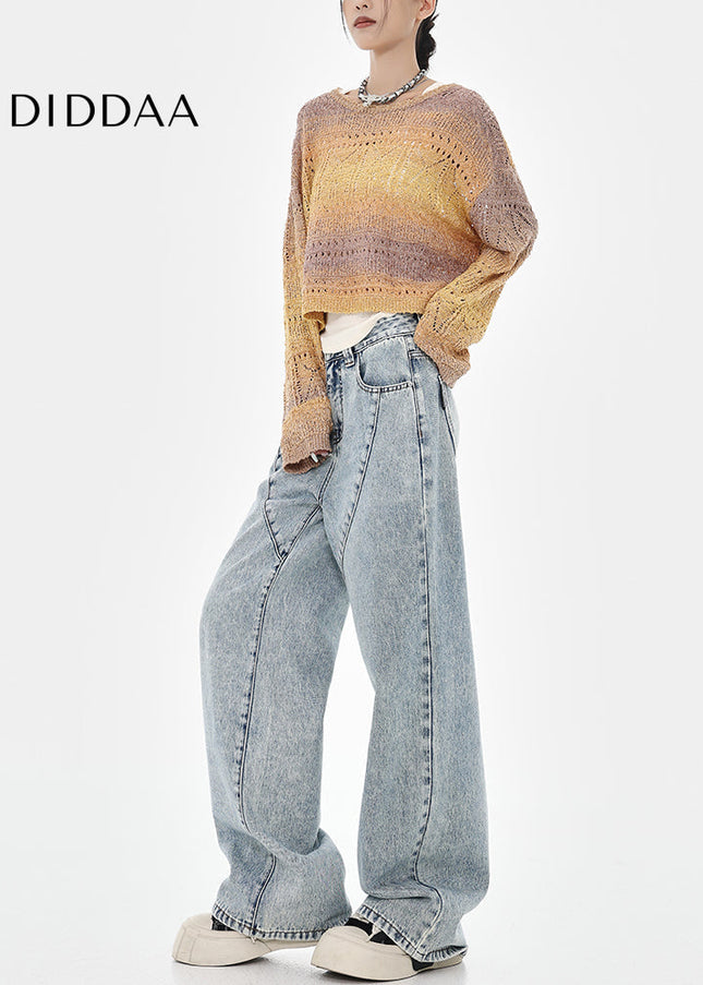 Blue Distressed Loose Wide-Leg Straight Leg Jeans - Women’s Jeans