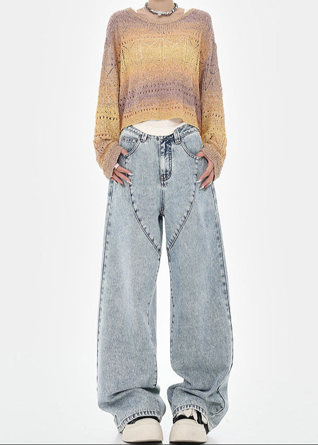 Blue Distressed Loose Wide-Leg Straight Leg Jeans - Women’s Jeans