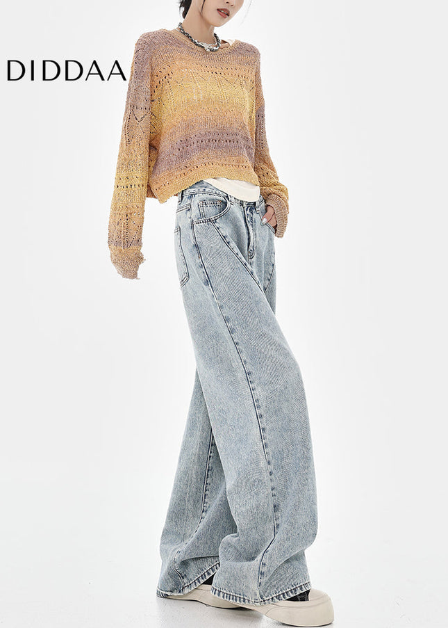 Blue Distressed Loose Wide-Leg Straight Leg Jeans - Women’s Jeans