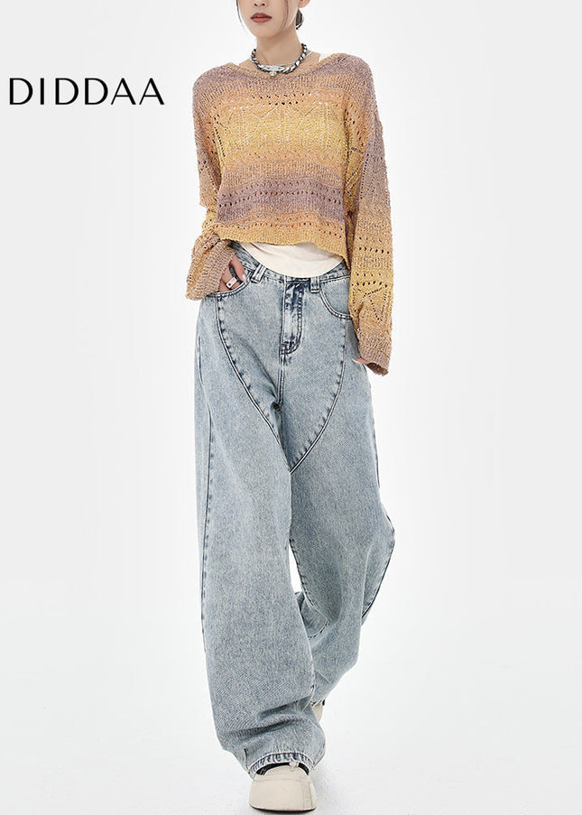 Blue Distressed Loose Wide-Leg Straight Leg Jeans - Women’s Jeans