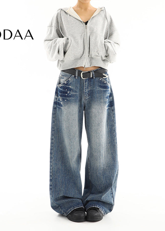 Blue Distressed Low Rise Loose Wide Leg Jeans - S / Blue - Women’s Jeans