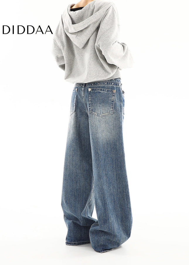 Blue Distressed Low Rise Loose Wide Leg Jeans - Women’s Jeans
