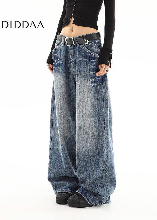 Blue Distressed Low Rise Loose Wide Leg Jeans - Women’s Jeans