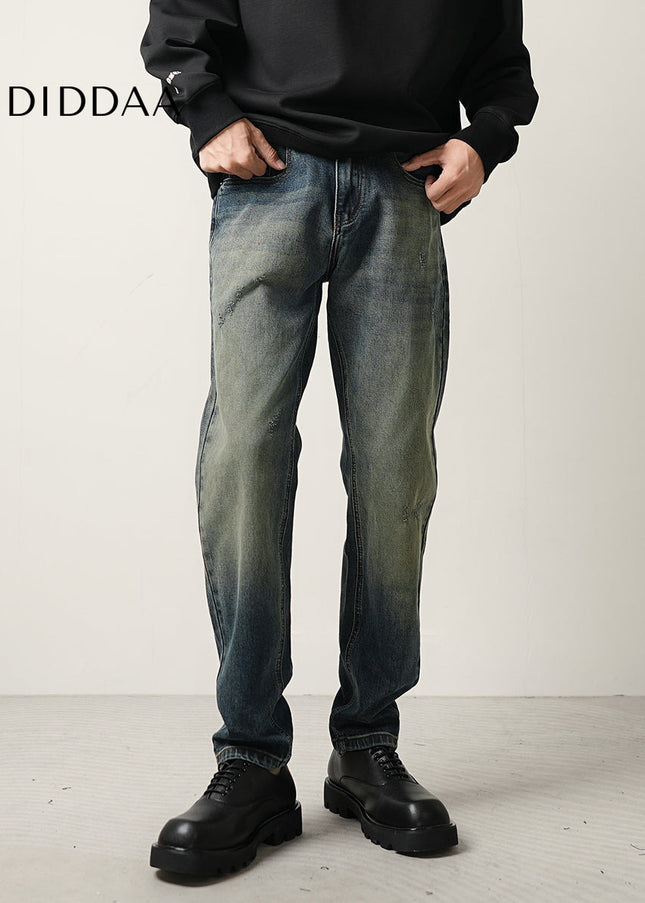 Blue Distressed Nano Wash Loose Straight-Leg Jeans - Men’s Jeans