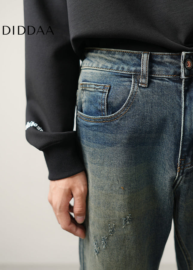 Blue Distressed Nano Wash Loose Straight-Leg Jeans - Men’s Jeans
