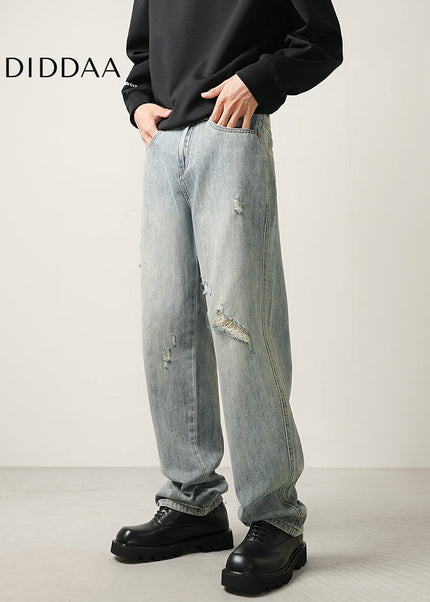 Blue Distressed Ripped Jeans Men’s Casual Loose Trousers - Men’s Jeans
