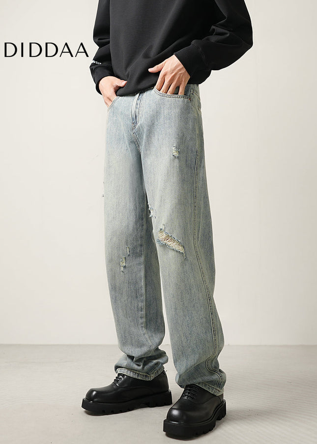 Blue Distressed Ripped Jeans Men’s Casual Loose Trousers - Men’s Jeans
