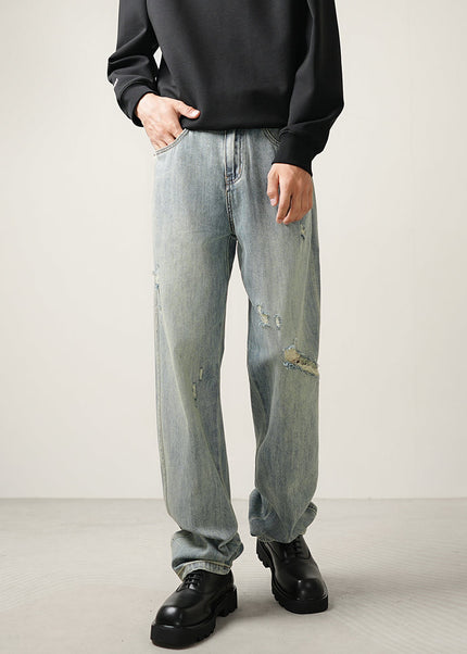 Blue Distressed Ripped Jeans Men’s Casual Loose Trousers - Men’s Jeans