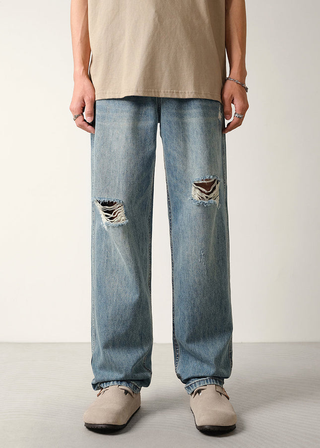 Blue Distressed Ripped Loose Fit Jeans for Men - 28 / Mid Blue - Men’s Jeans