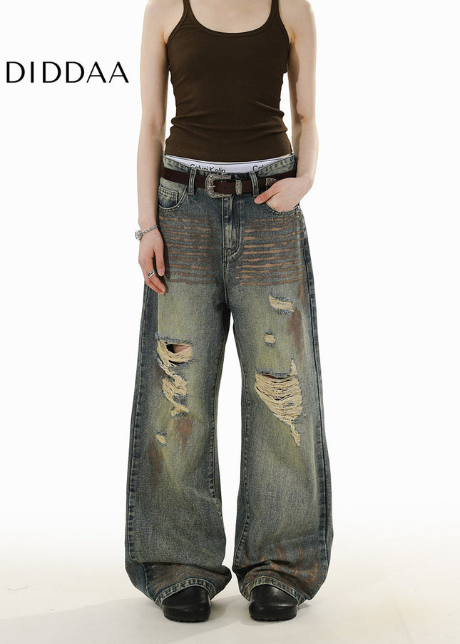Blue Distressed Ripped Straight-Leg Jeans for Men and Women - Men’s Jeans