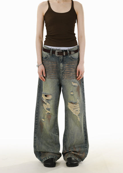 Blue Distressed Ripped Straight-Leg Jeans for Men and Women - S / Vintage Blue - Men’s Jeans