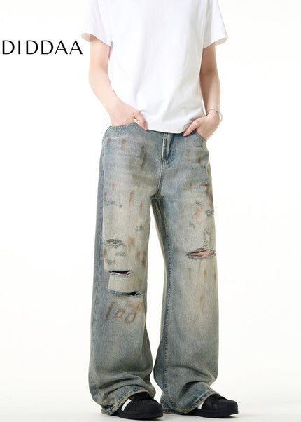 Blue Distressed Ripped Straight Leg Jeans Vintage Style - Men’s Jeans