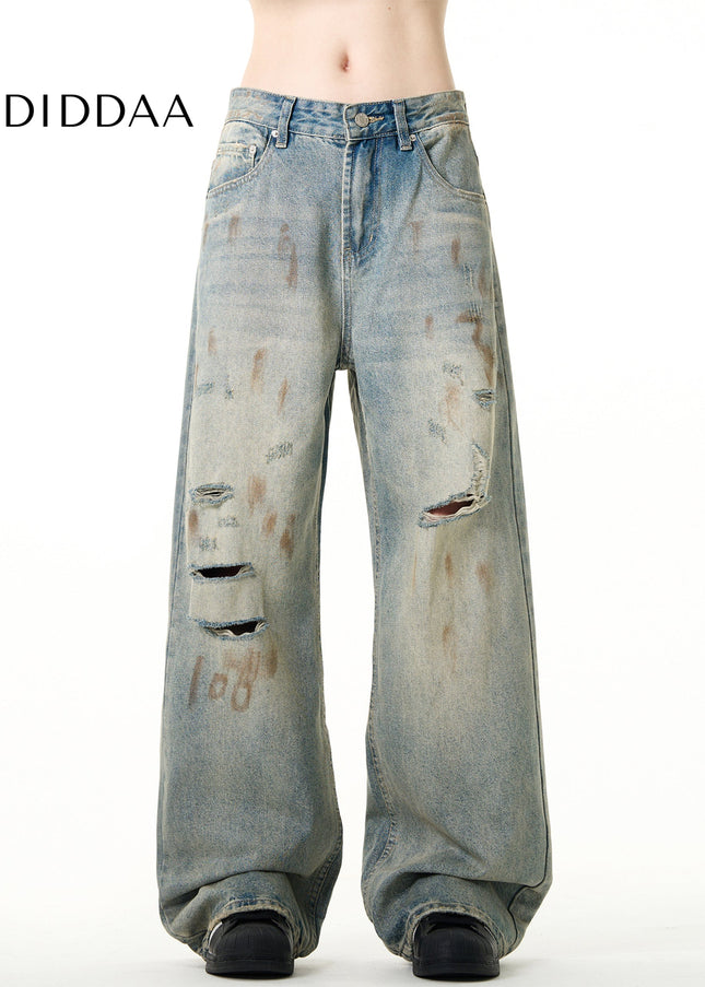 Blue Distressed Ripped Straight Leg Jeans Vintage Style - Men’s Jeans