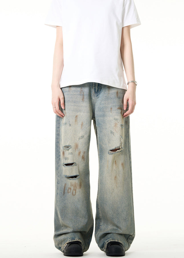 Blue Distressed Ripped Straight Leg Jeans Vintage Style - Men’s Jeans