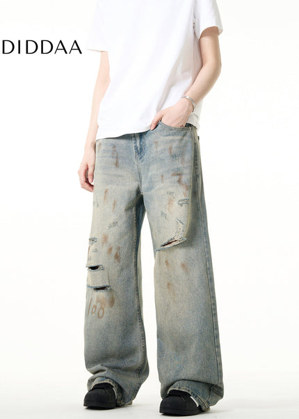Blue Distressed Ripped Straight Leg Jeans Vintage Style - Men’s Jeans