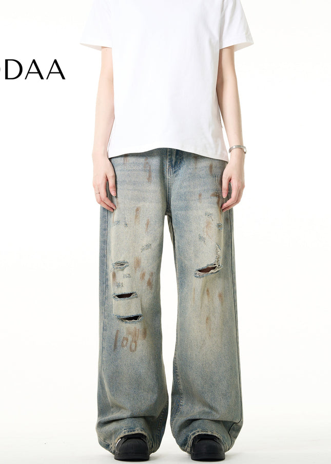 Blue Distressed Ripped Straight Leg Jeans Vintage Style - S / Vintage Blue - Men’s Jeans