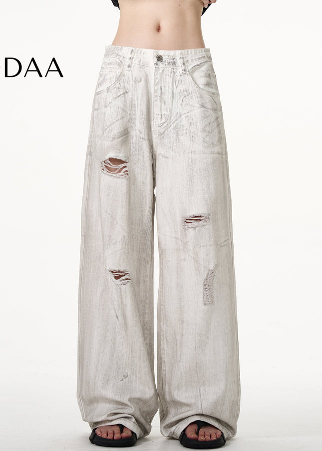 Blue Distressed Ripped Wide Leg Jeans for Men and Women - S / White - Men’s Jeans