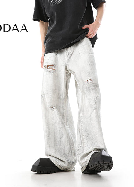 Blue Distressed Ripped Wide Leg Jeans for Men - S / White - Men’s Jeans