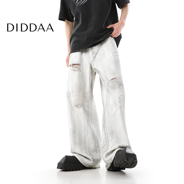 Blue Distressed Ripped Wide Leg Jeans for Men - S / White - Men’s Jeans