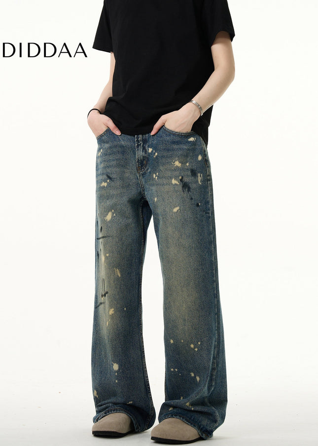 Blue Distressed Splash Ink Straight Jeans Men’s Casual Pants - Men’s Jeans