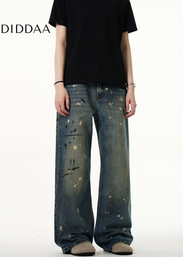 Blue Distressed Splash Ink Straight Jeans Men’s Casual Pants - Men’s Jeans