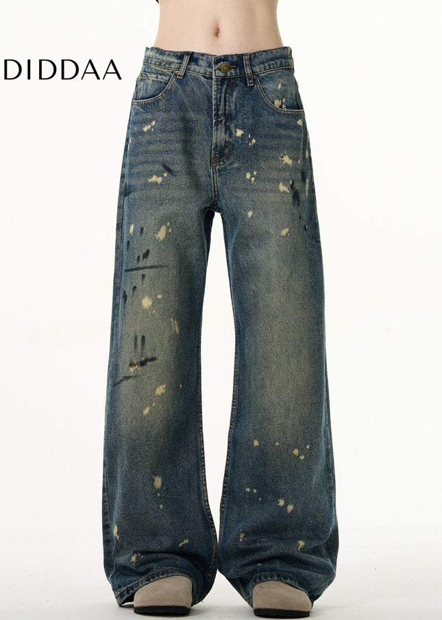 Blue Distressed Splash Ink Straight Jeans Men’s Casual Pants - Men’s Jeans