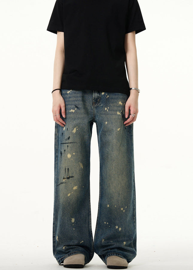 Blue Distressed Splash Ink Straight Jeans Men’s Casual Pants - Men’s Jeans