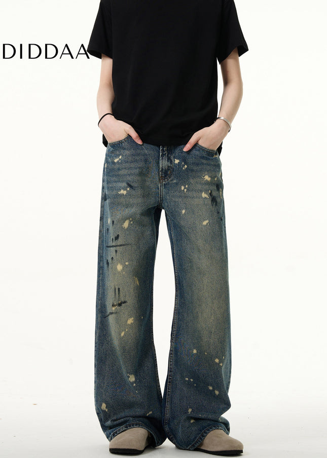 Blue Distressed Splash Ink Straight Jeans Men’s Casual Pants - Men’s Jeans