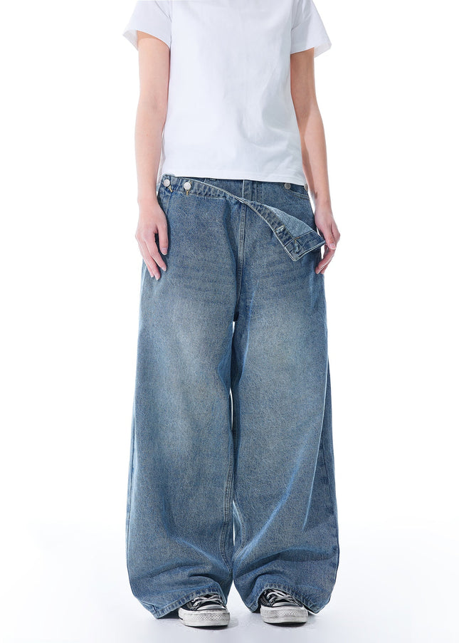 Blue Distressed Spliced Wide Leg Jeans - Men’s Jeans
