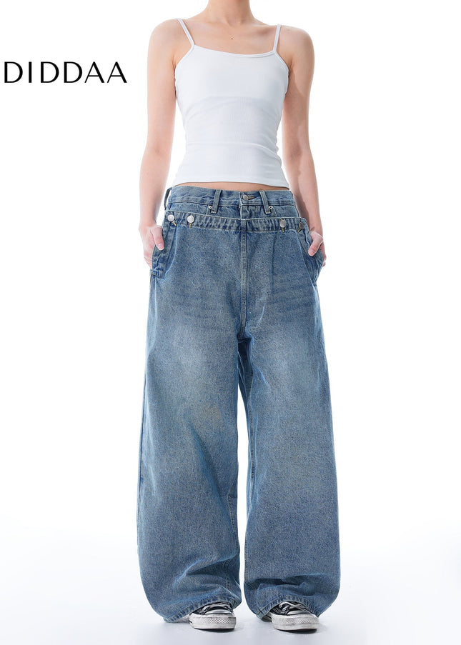 Blue Distressed Spliced Wide Leg Jeans - Men’s Jeans
