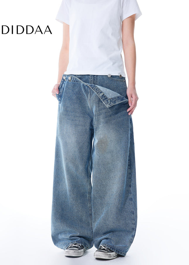 Blue Distressed Spliced Wide Leg Jeans - Men’s Jeans
