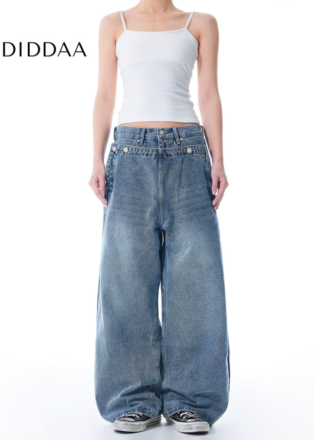 Blue Distressed Spliced Wide Leg Jeans - Men’s Jeans