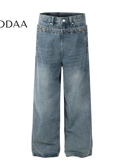Blue Distressed Spliced Wide Leg Jeans - Mid Blue / S - Men’s Jeans
