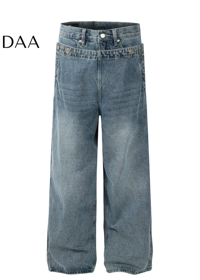 Blue Distressed Spliced Wide Leg Jeans - Mid Blue / S - Men’s Jeans