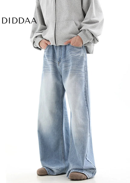 Blue Distressed Straight Loose Wide-Leg Jeans - Men’s Jeans