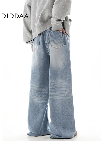 Blue Distressed Straight Loose Wide-Leg Jeans - Men’s Jeans