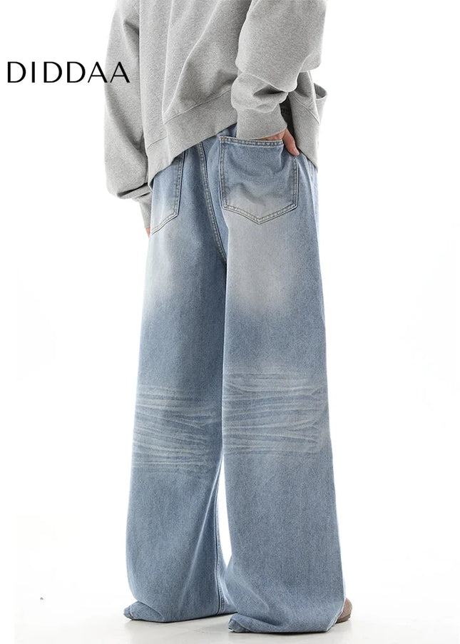 Blue Distressed Straight Loose Wide-Leg Jeans - Men’s Jeans