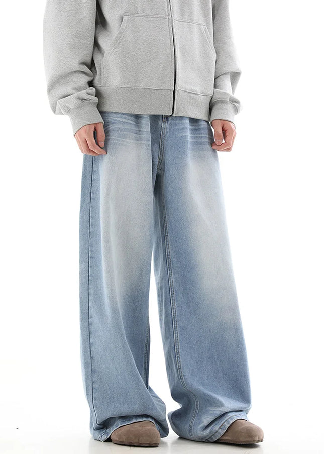Blue Distressed Straight Loose Wide-Leg Jeans - Men’s Jeans