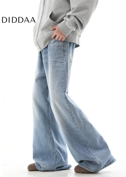 Blue Distressed Straight Loose Wide-Leg Jeans - Men’s Jeans