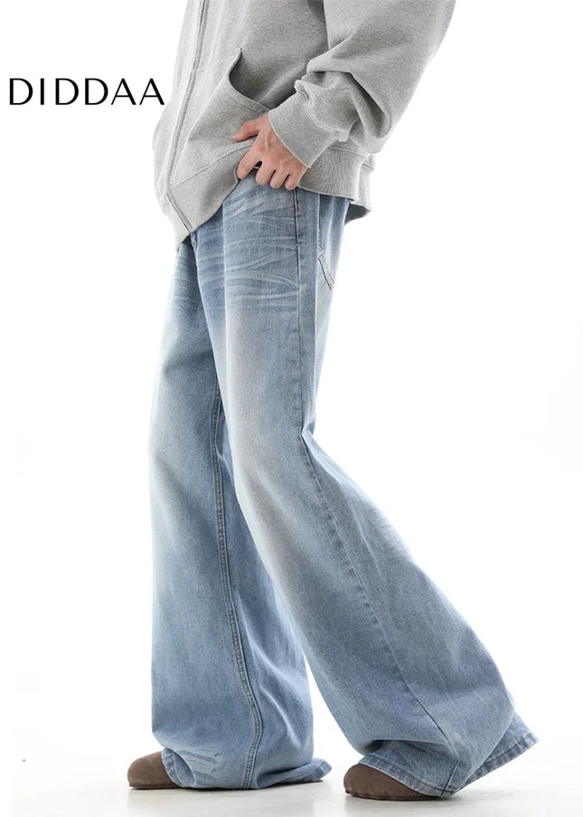 Blue Distressed Straight Loose Wide-Leg Jeans - Men’s Jeans