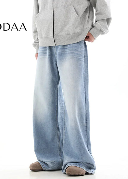 Blue Distressed Straight Loose Wide-Leg Jeans - S / Blue - Men’s Jeans