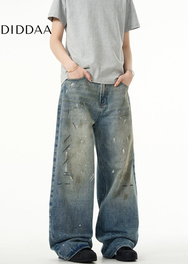 Blue Distressed Tie-Dye Loose Straight Jeans - Men’s Jeans