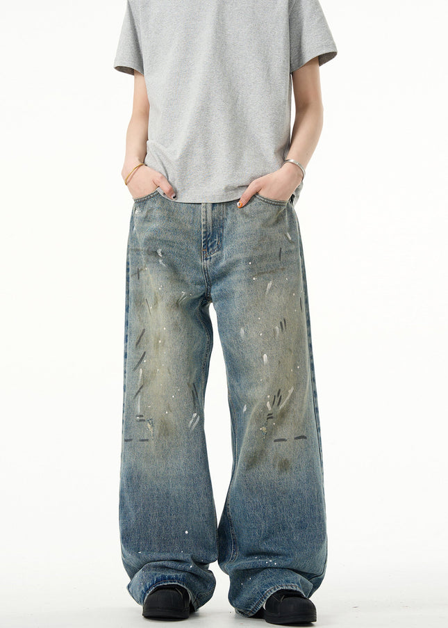 Blue Distressed Tie-Dye Loose Straight Jeans - Men’s Jeans
