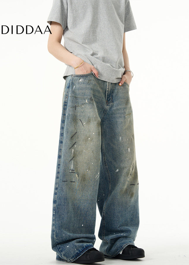 Blue Distressed Tie-Dye Loose Straight Jeans - Men’s Jeans